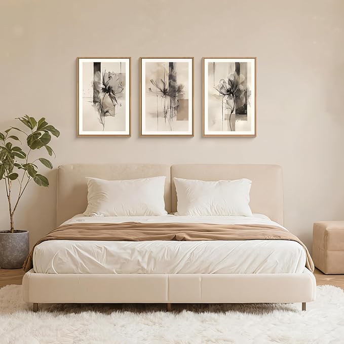 FWIEXA Large Black Beige Floral Canvas Wall Art Set 3, Neutral Abstract Florals Framed Prints, Brushstroke Geometry Line Paintings, 24x36In Watercolor Ink Artwork Poster for Farmhouse, Living Room, Bedroom, Office