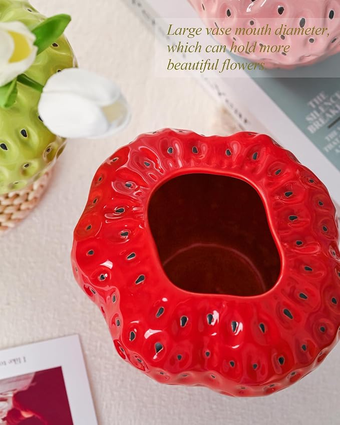 DN DECONATION Red Strawberry Vase, Ceramic Flower Vase for Table Home Decor | Strawberry Flower Vases for Colorful Home Decor, Decorative Cute Vase for Office, Mantel, Shelf, Strawberry Party Decorations