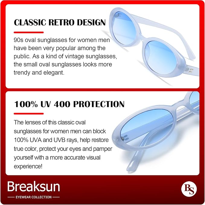 Breaksun Retro Oval Sunglasses for Women Men Fashion Small Oval Sunglasses 90s Vintage Shades