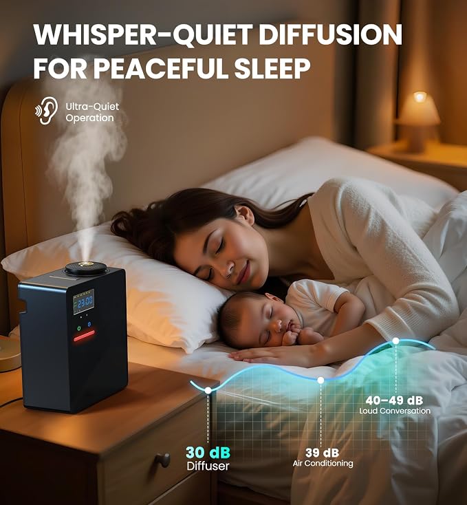 Waterless Essential Oil Diffuser with 2 x 100ML Oils, 5000 Sq.Ft Whole House Scent Machine, 200ml Cold Air Fragrance Diffuser with Bluetooth App Control for Home Hotel Office, Black
