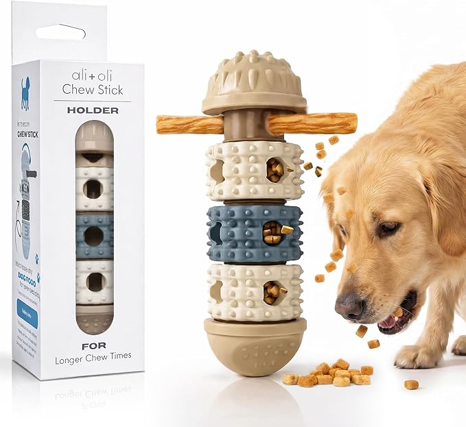 Ali+Oli Pets Bully Stick Holder & Treat Dispensing Dog Toy – Interactive Dog Puzzle Toy for Boredom, Slow Release Kibble Dispenser, Durable Dog Chew Holder for Safe Long-Lasting Play
