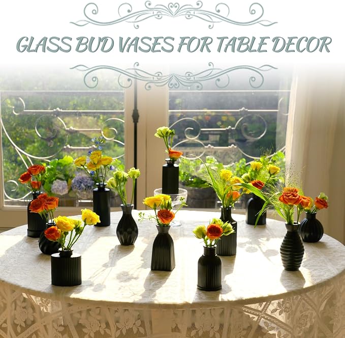 Black Vase, Bud Vases Set of 12 Small Glass Vase for Decor Centerpieces | Matte Ribbed Modern Vintage Flower Vases for Wedding Party Table Decoration Home Decor in Bulk