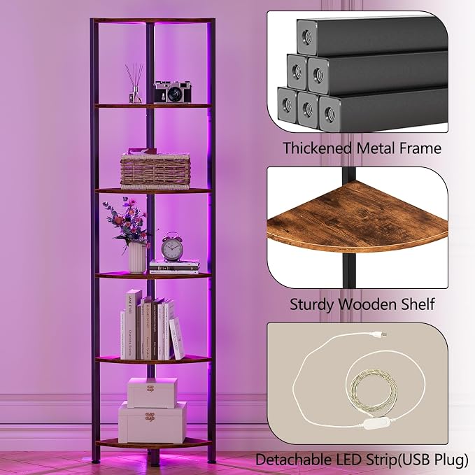 6 Tier Corner Shelf with LED Light, 67.5" Corner Narrow Bookshelf | Tall Standing Shelf Organizer, Storage Rack for Wall Corner, Living Room, Bedroom, Metal Frame, Wood Display Shelf