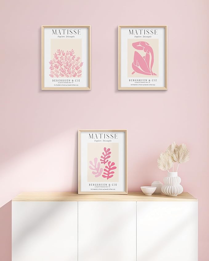 Matisse Pink Framed Wall Art Set of 3, Abstract Canvas Prints | 12x16in High-Framed Design, Matisse-Inspired Artwork, Pink Minimalist Wall Decor for Living Room Bedroom Bathroom