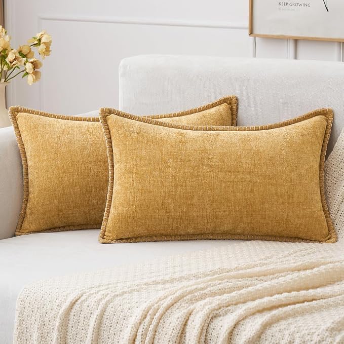 MIULEE Decorative Lumbar Throw Pillow Covers 12x20 Inch Gold 2 Pack | Mustard Yellow, Farmhouse Pillow Covers with Stitched Edge, Soft Chenille Cushion Cases,Couch Sofa Bed Living Room Home Decor