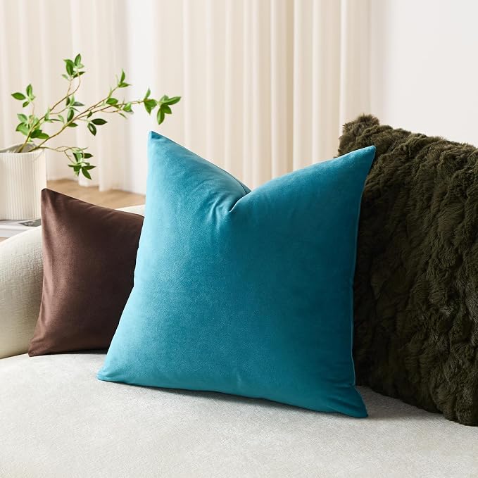 Euro Sham Covers 26x26 Turquoise: Pack of 2 Cozy Soft Velvet Square Modern Luxury Decorative Throw Pillow Cases for Sofa Couch Living Room Bed Home Decor
