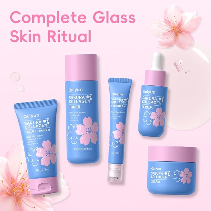 Sakura Collagen Skincare Set - 8-Piece Glass Skin Routine with Cleanser, Toner, Serum, Eye Cream, Moisturizer | Hydration, Firm, Glow for All Skin Types, Skin Care Gift Sets, for Mother's day