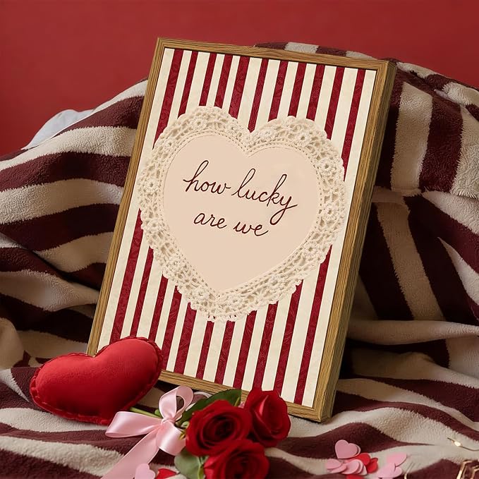 Framed How Lucky Are We Wall Art, Vintage Red Striped Pictures Wall Decor, Romantic Lace Heart Quote Paintings Canvas Prints Coquette Home Decor for Living Room Bedroom Bathroom 12x16 inch