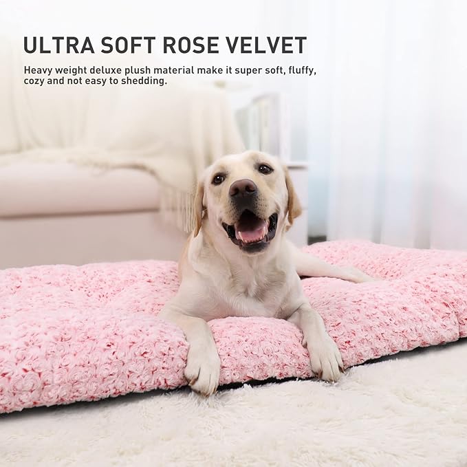 KSIIA Washable Dog Beds Large Sized Dog Crate Bed Plush Mat 41"x27" Pink | Deluxe Plush Comfy Kennel Pad, Anti-Slip Bottom,Deep Sleeping Mat for Large Dogs,Machine Washable for Easy Cleaning