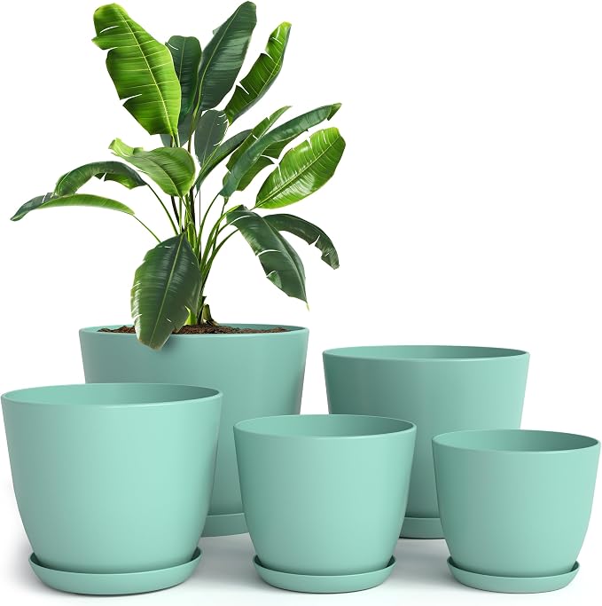 Plant Pots Indoor with Drainage, 5 Pack Multi-Size Planters Set, Aqua | Drainage holes included Multiple sizes 7/6.6/6/5.3/4.8 In Indoor plants and flowers Durable plastic construction