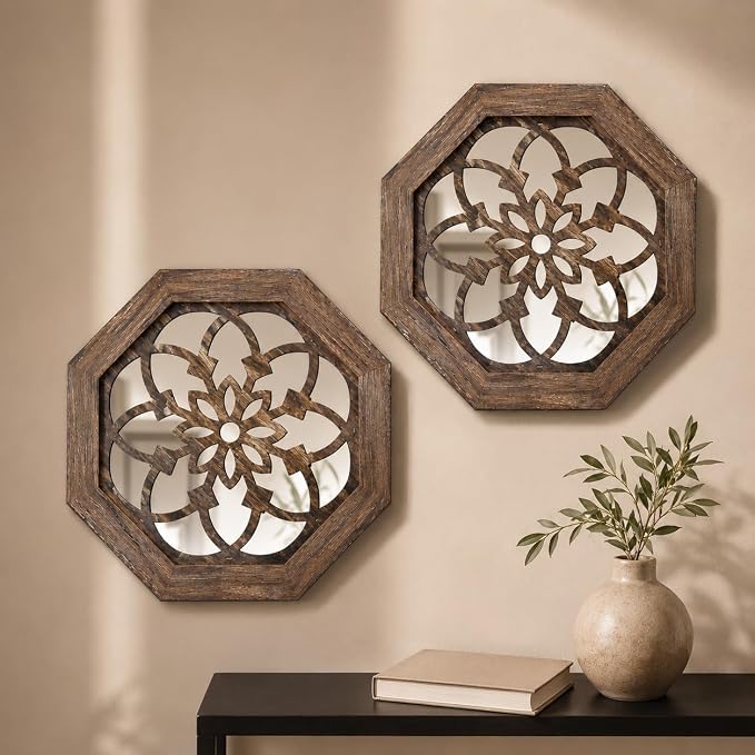 2 Pack 12 Inch Octagon Maroon Rustic Wood Frame Acrylic Wall Mirrors, Farmhouse Boho Wall Art Decor for Living Room, Bedroom, Hallway, Entryway, Bathroom & Office