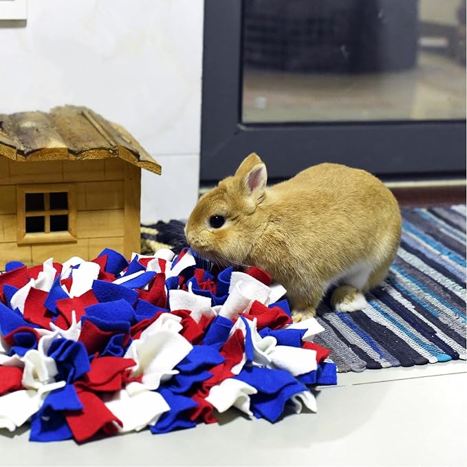 Vedem Small Animal Snuffle Mat Fleece Foraging Mats Interactive Feeding Toy Rabbit Guinea Pig Rat Hamster Anti Slip Treat Dispenser (Blue/Red/White)
