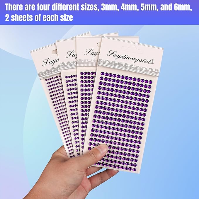 8 Sheets Rhinestone Stickers，3584 Pcs Gem Stickers for DIY Face Eyes Makeup Hair（Deep Purple-3/4/5/6mm）