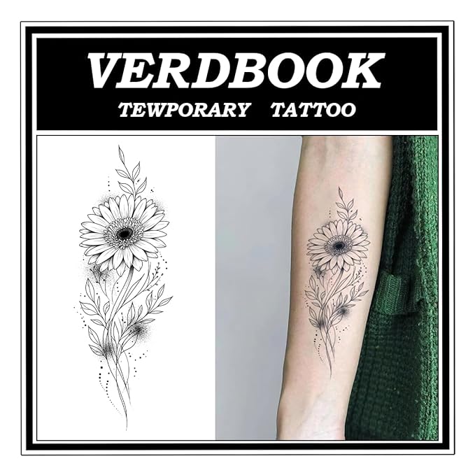 Waterproof Temporary Tattoos: 2-Sheet Tattoo Kit with Realistic Body Stickers, Semi-Permanent Tattoos for Adults Lasting 7-15 Days – Safe for Men & Women, Gerbera Pattern