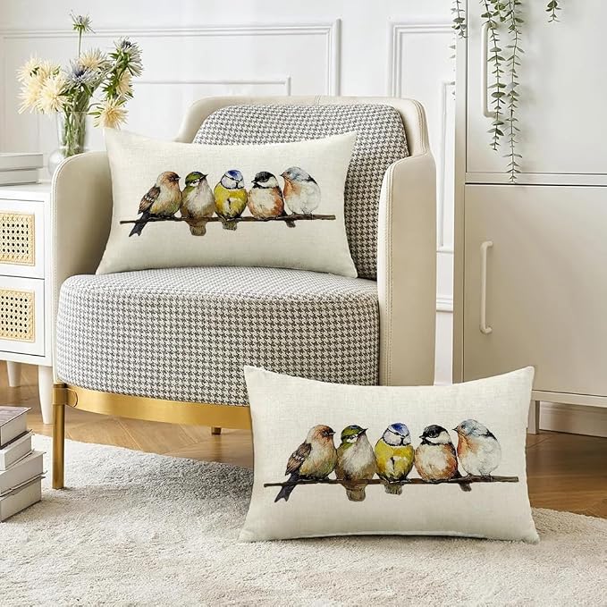 RABUSOFA Watercolor Birds Pillows Decorative Throw Pillows 12x20,Hand-Painted Oil Painting Rustic Birds Lumbar Pillow Cases,Cute Colorful Spring Summer Decorations for Home Couch Sofa Outdoor