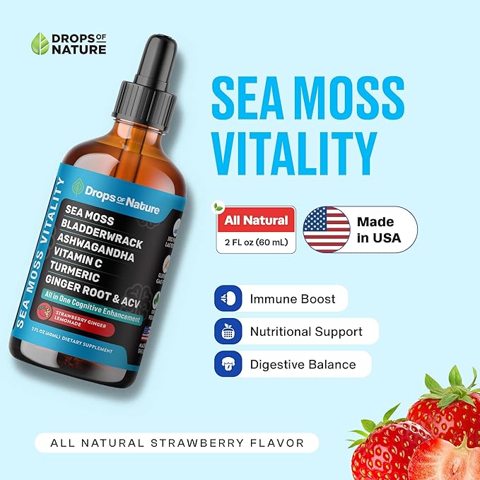 Ashwagandha & Turmeric Liquid Drops - Vitamin C, Sea Moss, Apple Cider Vinegar, Bladderwrack - Vegan Liquid Drops for Comprehensive Wellness Support & Vital Immunity (Strawberry Ginger Lemonade, 60mL)
