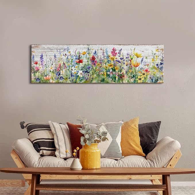 Rustic Wildflower Wall Art Colorful Farmhouse Floral Scenery Picture Decor Watercolor Flower Landscape Wood Grain Prints Painting Artwork for Living Room Office Bathroom Bedroom Home Decoration 14x48"