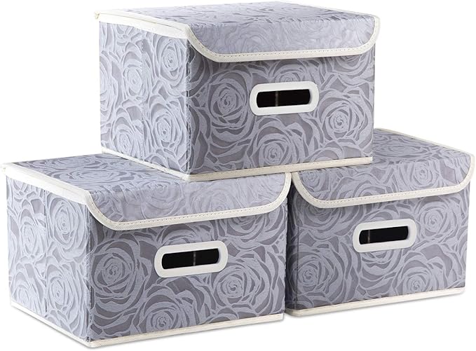 Collapsible Storage Boxes with Lids Fabric Decorative Storage Bins Cubes Organizer Containers Baskets with Cover Handles Divider for Bedroom Closet Living Room 9.8x7.9x6.7 Inch 3 Pack