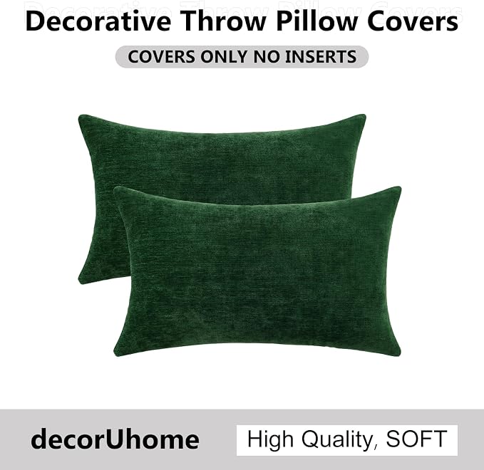 decorUhome Soft Chenille Christmas Green Throw Pillow Covers 12X20 Set of 2 | Decorative Fall Couch Pillow Covers Solid Dyed Accent Modern Farmhouse Neutral Rectangle Pillow Cases for Sofa