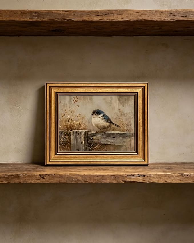 Gold Framed Wall Art, Rustic Nature Bird Canvas Prints, Neutral Farmhouse Bird Picture Wall Decor, Vintage Country Cottagecore Artwork for Living Room Bedroom 12x16 inch