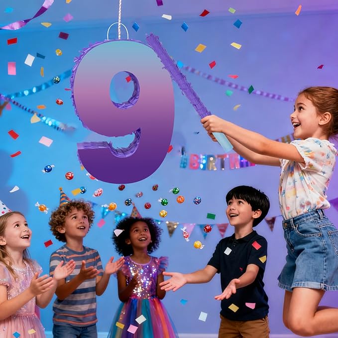 Purple Birthday Party Decorations, Purple Number 9 Pinata with Stick Blindfold Confetti for Girls Boys 9th Birthday Activity Game Gift (15.7 x 11.5 x 3 In)
