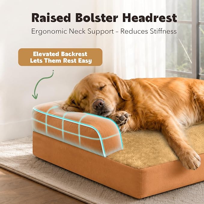 Orthopedic XL Dog Bed with Bolster for Extra Large Size Dogs | Pillow Support for Neck Relief, Egg Crate Foam, Skin-Friendly Surface, Waterproof Liner, Anti-Slip Bottom, 42 x 30 Inch