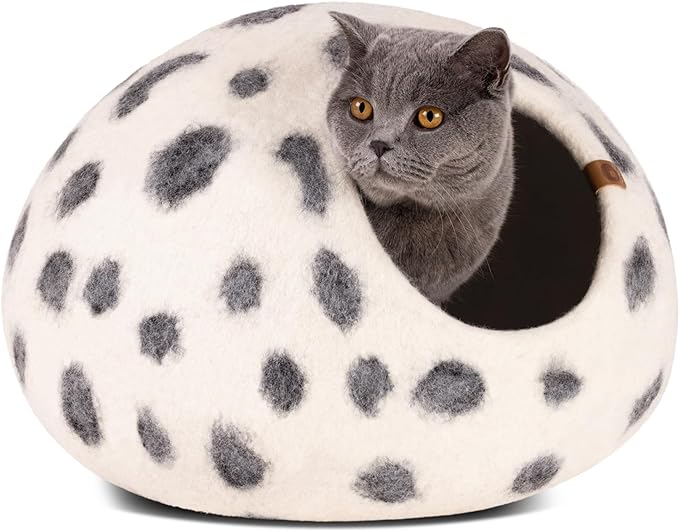 Cat Cave - Merino Wool Bed for Indoor Cats (Snow Leopard, Medium) | Cat Bed Enclosure, Premium Felt, Handmade, Super Soft, Lightweight, Breathable, Adjustable Shape