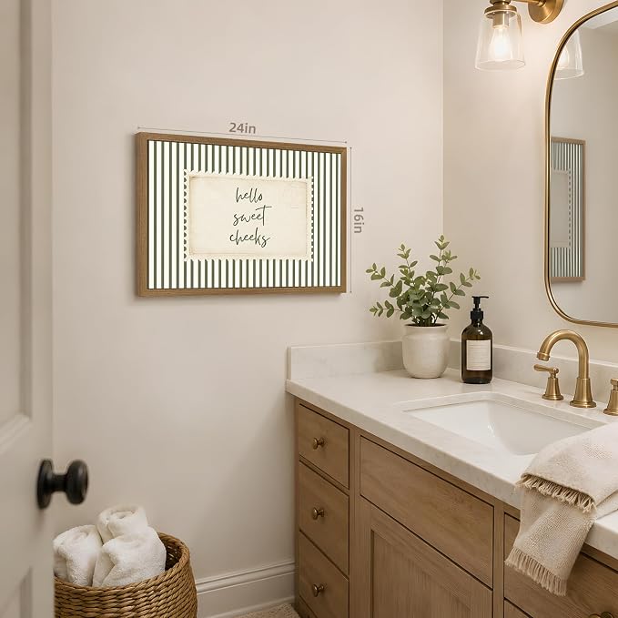 VziizV Vintage Typography Wall Art, Hello Sweet Cheeks Quote Canvas Print, Cottagecore Green Stripe Wall Decor, Neutral Farmhouse Artwork for Nursery Bedroom Bathroom Wood Framed 16x24 Inch