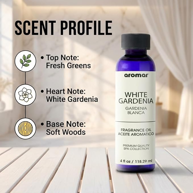 Aromar Premium Fragrance Oil, Long-Lasting, Refreshing Uplifting Aroma for Aromatherapy, Relaxation & Household Uses, White Gardenia 4 oz.