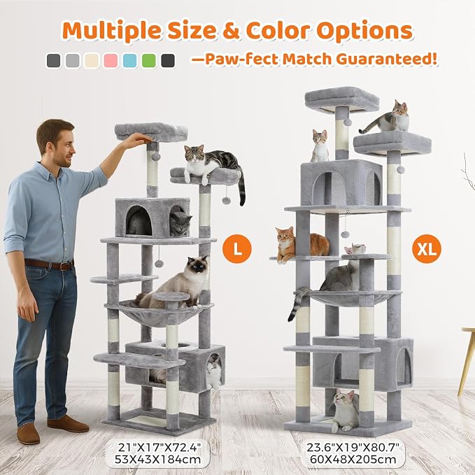PAWZ Road 72" Cat Tree, Tall Cat Tower with Hammock& Condos for Large Cats | 20"x16" hammock for adult cats, cat tower with 7 scratching posts&pad, dual top perch and large condo for big cats