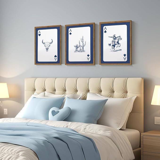 Western Wall Art Set of 3, Blue Cowboy Wall Decor Trendy Southwestern Playing Card Longhorn Bull Skull Poster Canvas Aesthetics Prints for Bedroom Living Room 16x24 inch Wood Framed