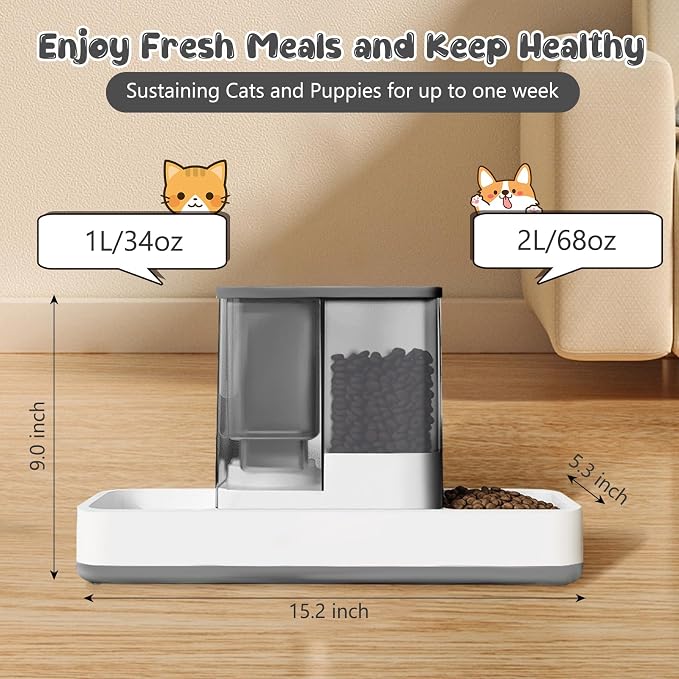 GearRoot Automatic Cat Feeder and Water Dispenser, 2 in 1 Gravity Pet Food Feeder and Water Dispenser Detachable Cat Food Dispenser for Small Dogs and Cats, Gray