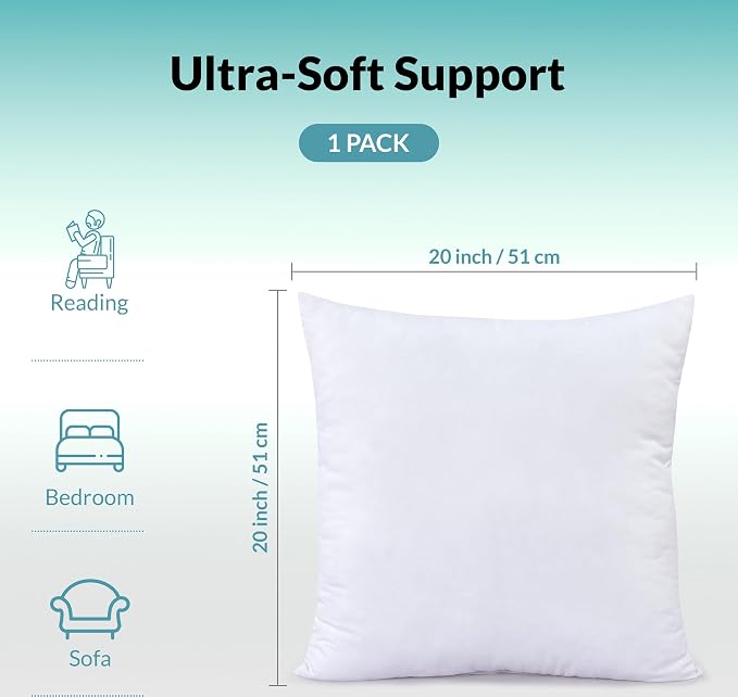 ROYALE LINENS 20 x 20 Pillow Insert - Down Alternative Throw Pillows Insert - Square Pillow Pack of 1 White - Bed & Couch Pillows - Inner Cushion for Bed, Cushion for Living Room - Shams Stuffer