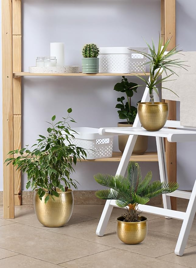 Serene Spaces Living Gold Brass Look Vintage Aluminum Vase - Perfect Decorative Accent for Plants, Weddings, and Events, Metallic Pot for Home, Medium, Measures 9" Diameter and 7" Tall