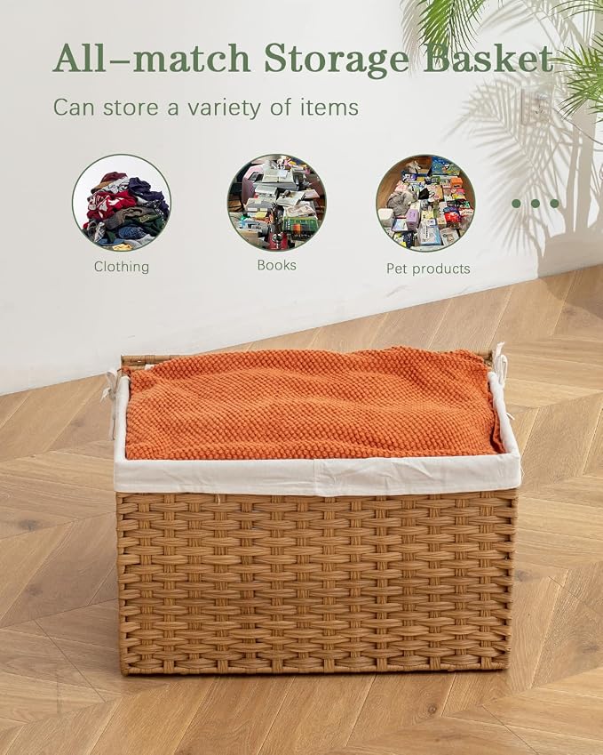SETVSON Storage Basket with Lid Rattan Woven Storage Baskets with 2 Separate Lids, 17.2 Gallon (65 L), 22 x 13 x 13.8 Inches,Foldable, 2 Removable Liner Bags Handles for Bedroom, Laundry Room Natural