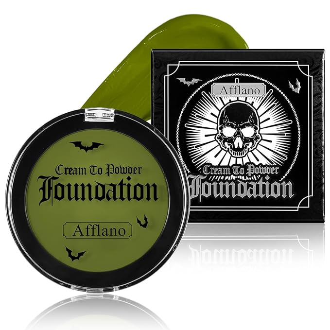 Ogre Green Face Body Paint, Witch Green Full-Coverage Cream to Powder Foundation Makeup, Non-Toxic Face Painting for Hulk Hunting, Frankenstein, Wicked, Halloween SFX Makeup, Cosplay, Theater, Stage