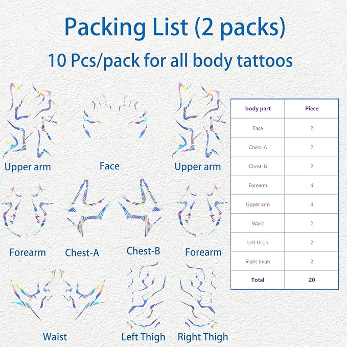 Rumi Tattoos Body Set–10 Purple Pieces per Pack (1 Face, 2 Chest, 2 Upper Arm, 2 Forearm, 1 Waist, 2 Thighs Symmetrical), Temporary Body Tattoos, Waterproof & Skin-Safe (Holographic, 2 Pack)