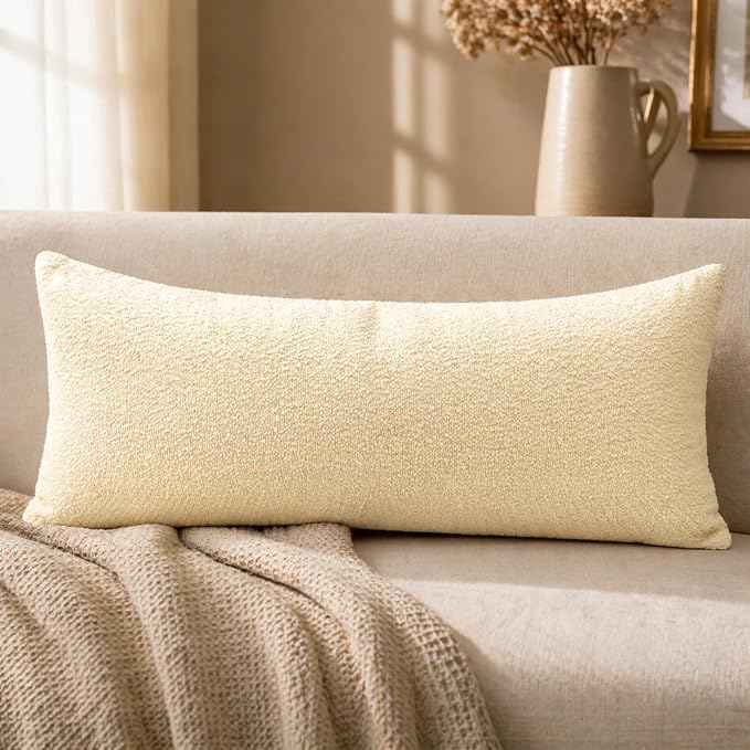 JoraLion 14x36 inch Boucle Lumbar Pillow Cover, Ivory Woven Texture Neutral Long Pillow Cover Breathable Cushion Case for Couch Sofa Bed Living Room Home Decor (Cover Only)