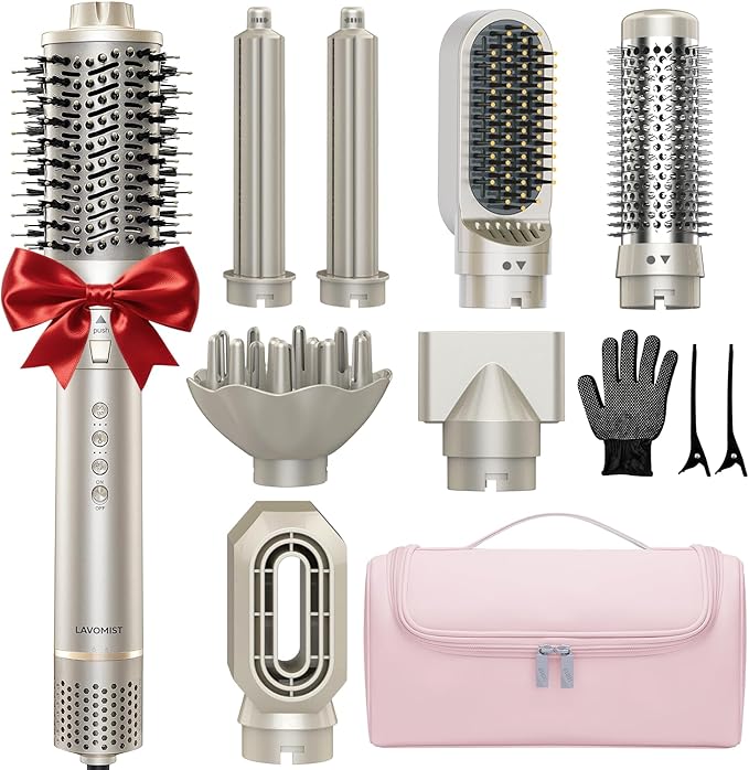 Lavomist 8-in-1 Dual Voltage Hot Air Styler & Hair Dryer Brush with Straightener & Curler Attachments, 110,000 RPM Ionic Fast Drying for Frizz-Free Styling, Includes Travel Bag