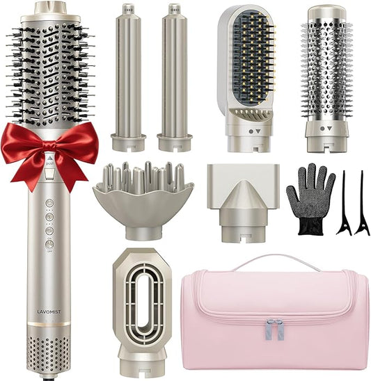 Lavomist 8-in-1 Dual Voltage Hot Air Styler & Hair Dryer Brush with Straightener & Curler Attachments, 110,000 RPM Ionic Fast Drying for Frizz-Free Styling, Includes Travel Bag
