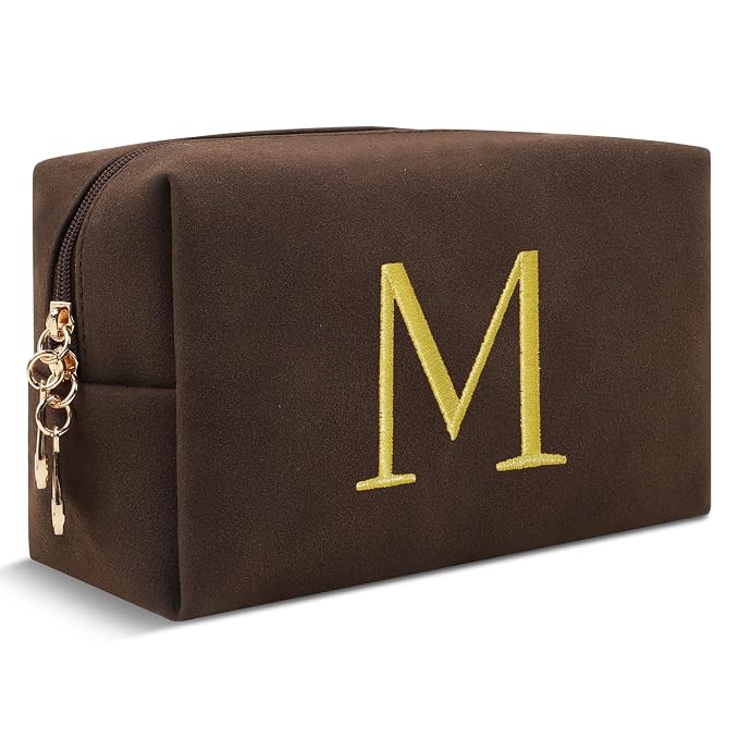 Personalized Initial Makeup Bag,Preppy Suede Cosmetic Bag for Teen Girls,Small Monogram Travel Toiletry Bag With Gold Embroidered Letter,Trendy Stuff Custom Christmas Gift for Women(Coffee-M)