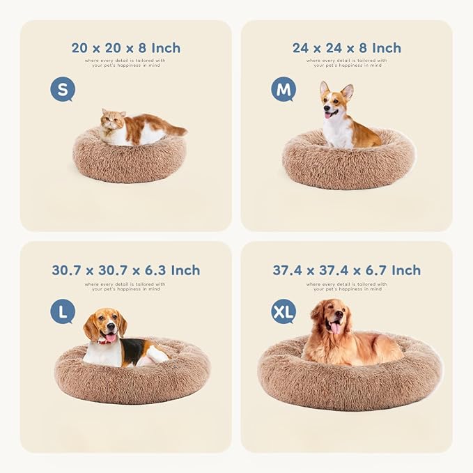DUMOS 37.4x37.4 Inch XL Donut Dog Bed for Indoor Use, Fluffy Faux Fur Plush | Warming Cozy Round Pet Bed, Machine Washable Cuddler, Anti-Slip Bed for Dogs and Cats, Brown