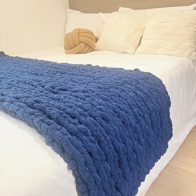 Soft Chunky Knit Throw Blanket for Couch, Cozy Warm Knitted Blankets | Hand Knit with Jumbo Chenille, Lightweight Warm Fluffy Decor for Women, Mom, Her & Girls, Sofa, Chair, Bed,40"×60"(Navy Blue)