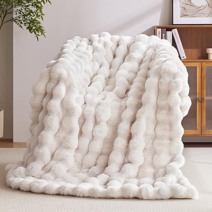 Anysay Faux Fur Throw Blanket, 1000GSM Fluffy Soft Bubble Blanket 60''*80'' | Cozy Plush Warm and Thick Blanket for Couch Bed, Fuzzy Rabbit Throw for Living Room Bedroom White