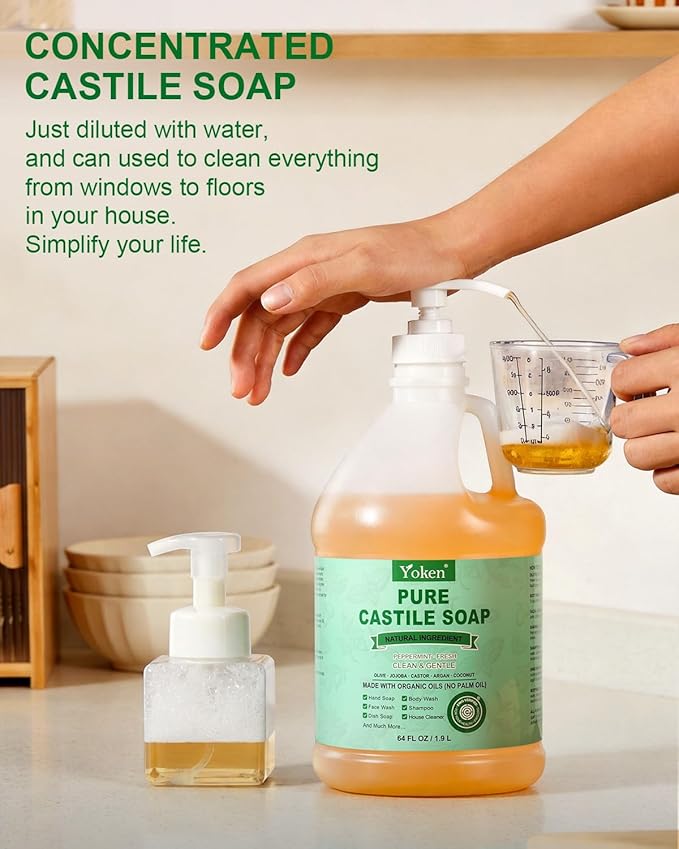 Yoken Peppermint Castile Soap Liquid 64 OZ, EWG Verified Made with Certified Organic Oils, Gentle Peppermint Soap for Body Wash, Face, Hands, Dishes, Laundry & More, Vegan Organic Versatile Cleanser
