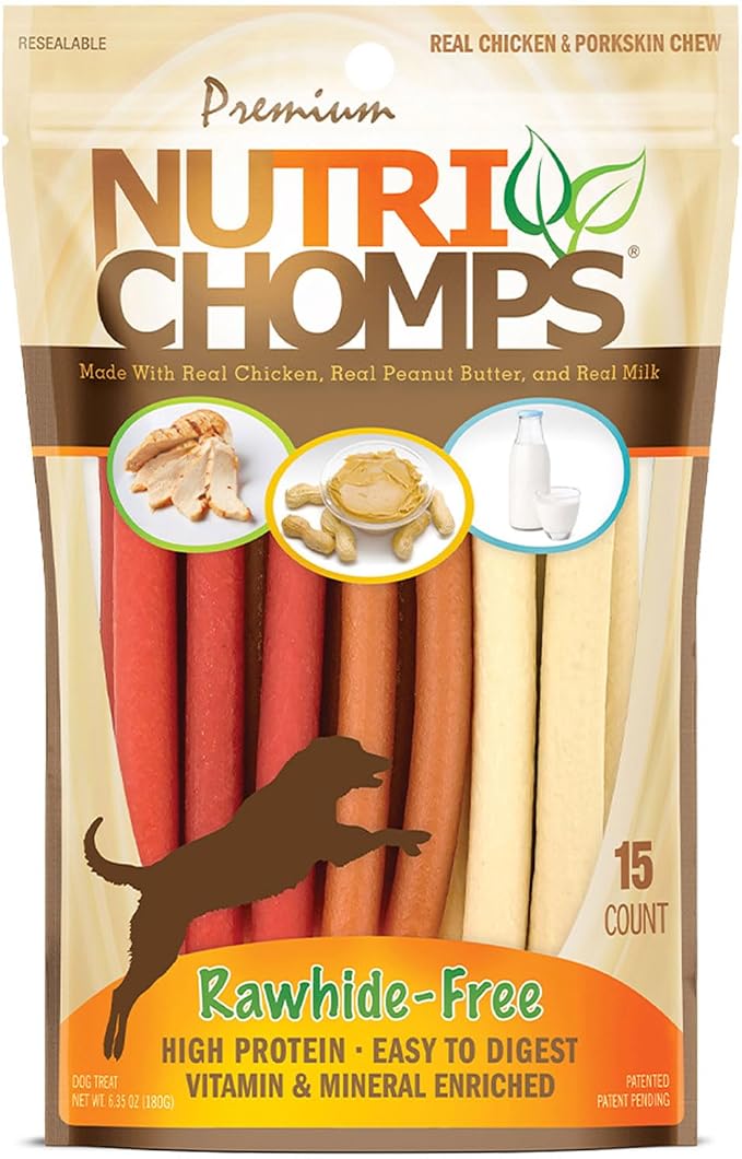 Nutri Chomps Dog Chews, 5-inch Twists, Easy to Digest, Rawhide-Free Dog Treats, 15 Count, Real Chicken, Peanut Butter and Milk flavors | A rawhide-free chew that's gentle and easy to digest, made with the real, wholesome ingredients dogs love