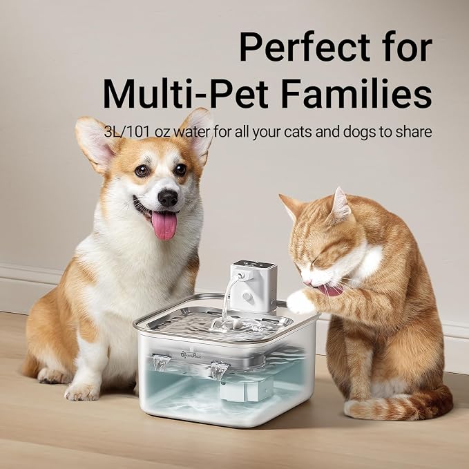 DownyPaws Cat Water Fountain Stainless Steel Wireless Automatic, White | Cordless Battery Operated Pet Water Fountain, 101 Oz/3L Water Fountain for Cats Drinking with Motion Sensor
