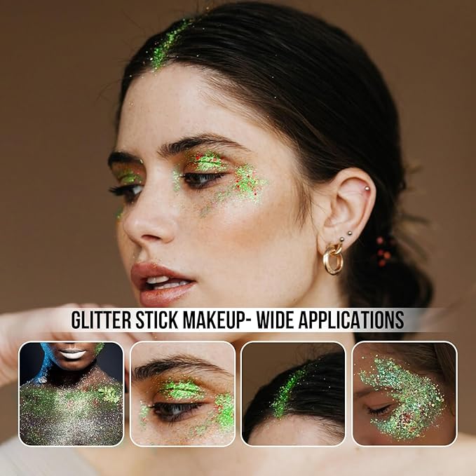 Brzeaf Waterproof Face and Body Glitter Stick, Shimmery& Long Lasting, Christmas Hair Eyeshadow Face Body Glitter, Singer Concert Rave Festival, Glitter Stick Makeup & Face Glitter Gel