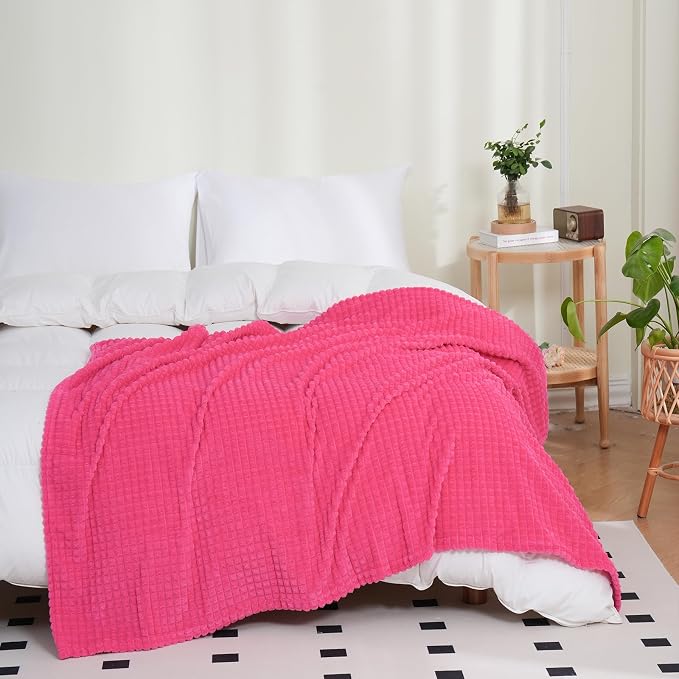 Puncuntex Fleece Throw Blanket Hot Pink 50"×60" with Square Grid Design | Super Soft Plush Cozy Flannel Throw Blanket Luxury for Couch Sofa Chair