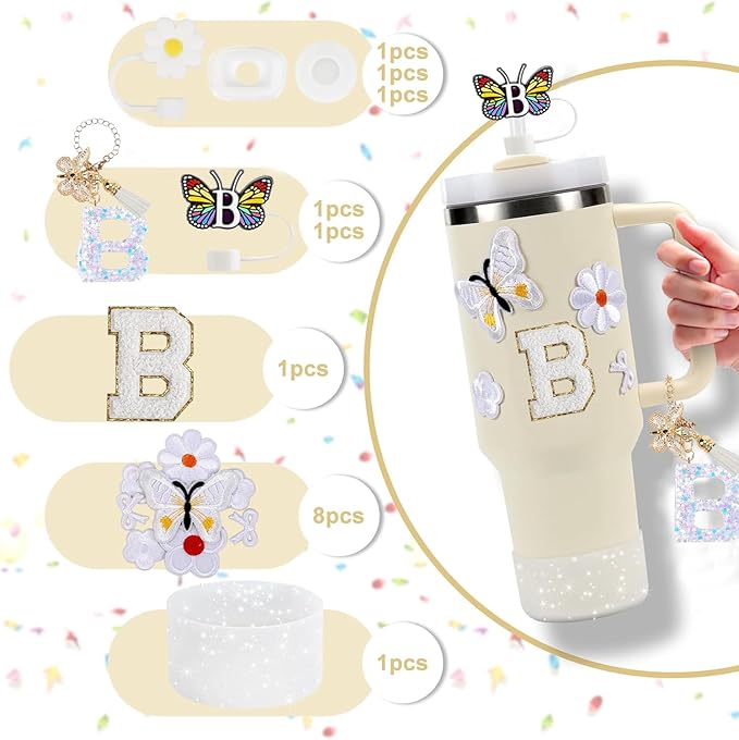15PCS Cup Accessories Set for Stanley Cup 30oz 40oz Tumbler with Handle, Including Silicone Straw Cover and Boot, Spill Proof Stopper, Stanley Charms, Handle Charm, Initials Sticker